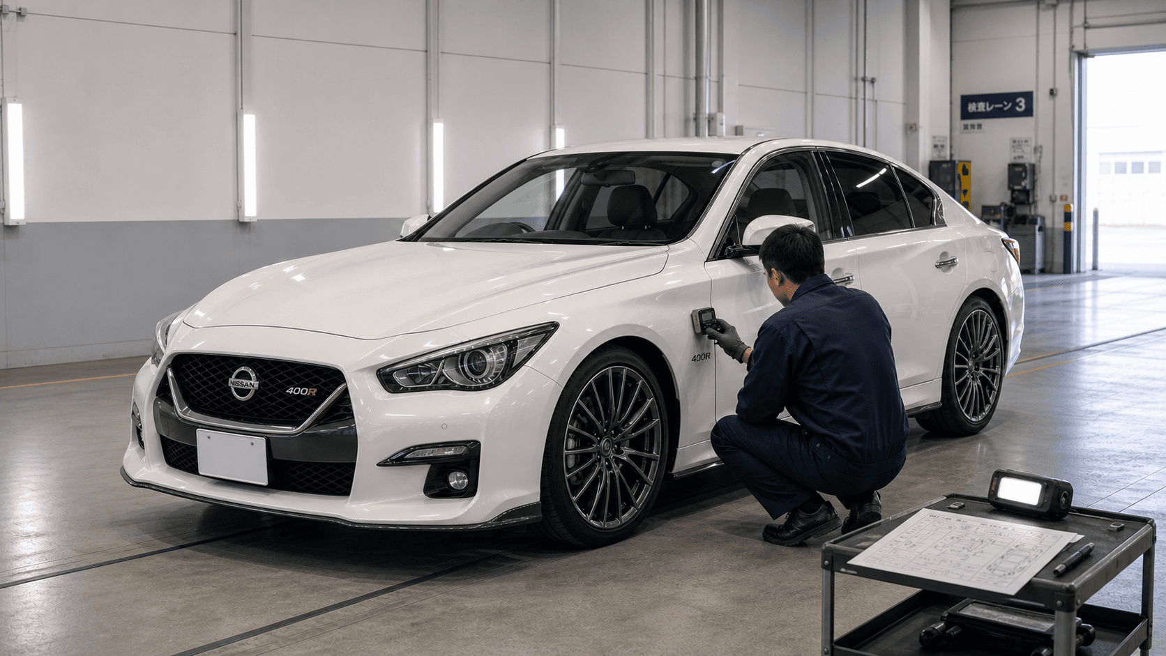 Nissan Skyline 400R being inspected with a paint-thickness gauge in Japan